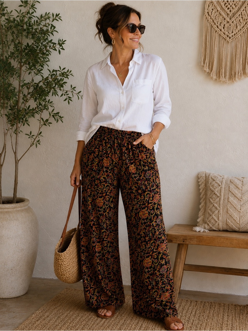 Vintage Units Rayon Boho Palazzo Pants XL Made in USA Floral Paisley